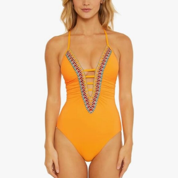 BECCA Fiesta Clare Plunge One-Piece Swimsuit Orange L - Picture 2 of 3